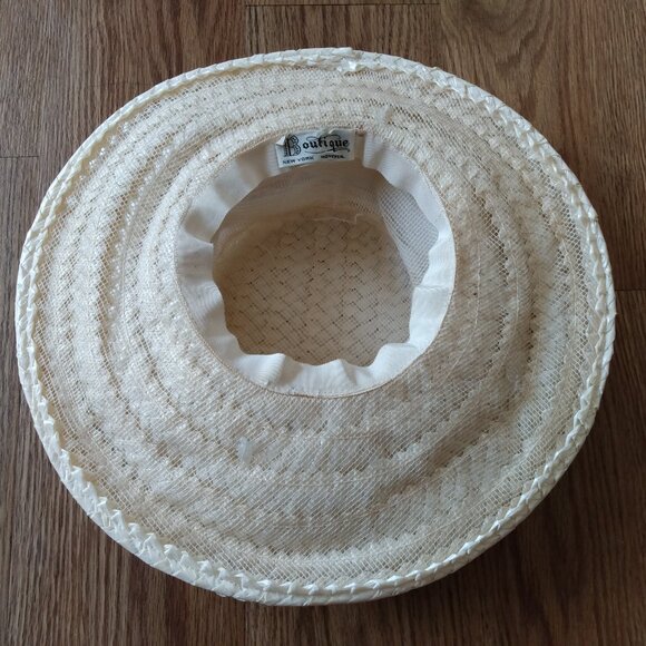 Vintage Cellophane Straw Hat Cream White 19.75" Boutique New York Montreal AS IS - Picture 7 of 8